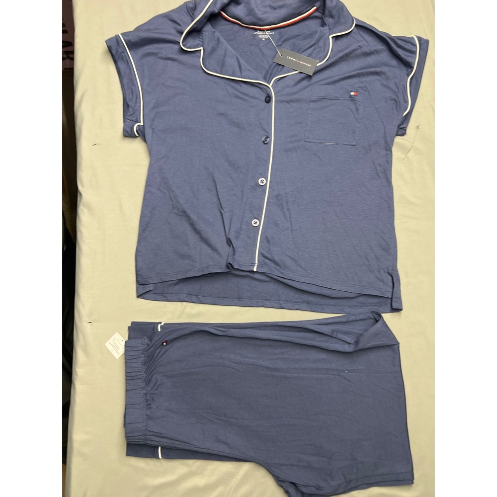 Tommy Hilfiger Womens Pajama Set Navy Blue Short Sleeve Button Down Shorts M NWT